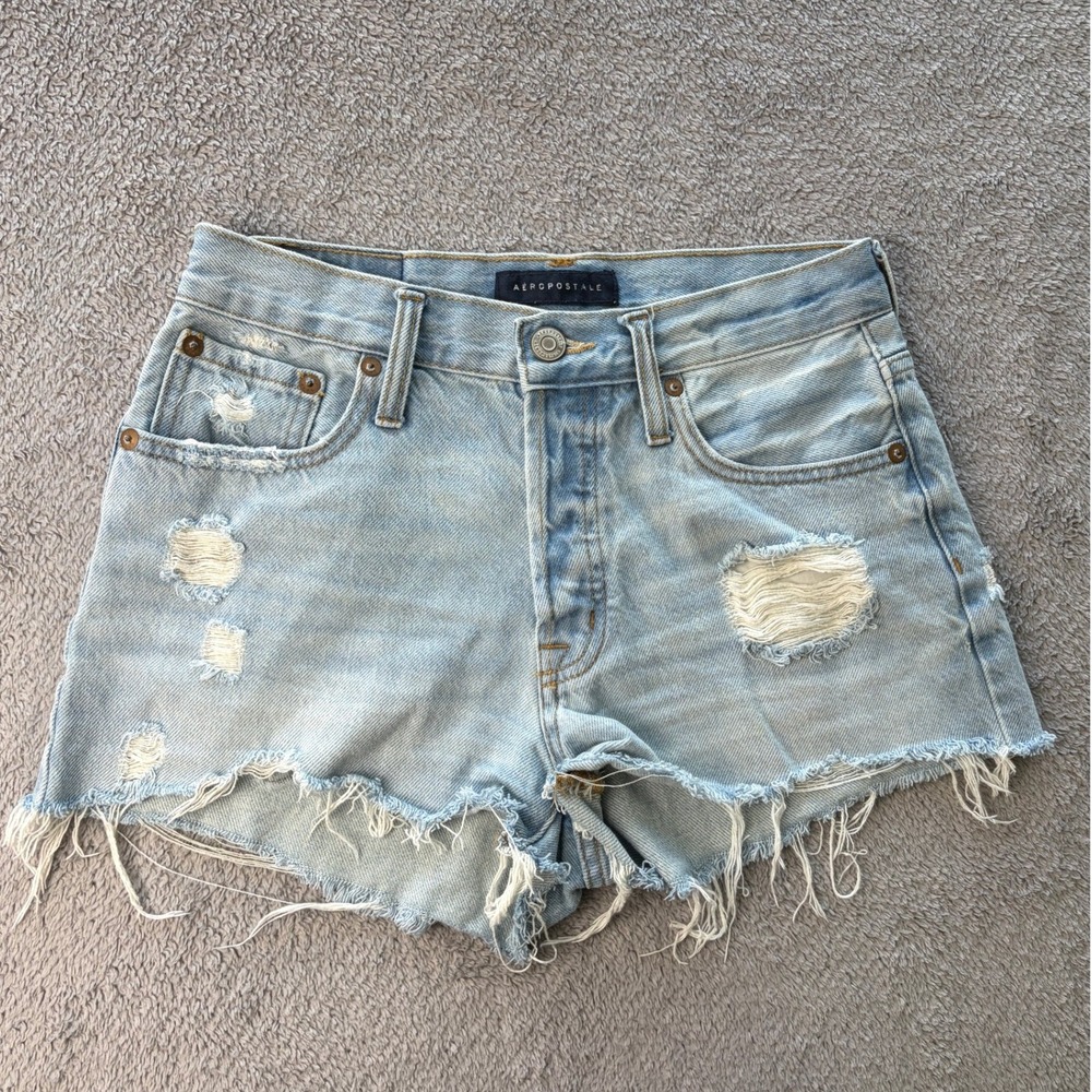 Aeropostale Jean Shorts Womens 10 Light Blue 90s High Rise Cut-Off Distressed